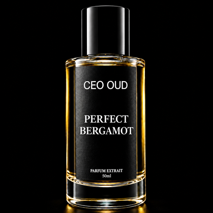 CEO OUD Perfect Bergamot 50ml extrait de parfum in a circular glass bottle with a black label and cap