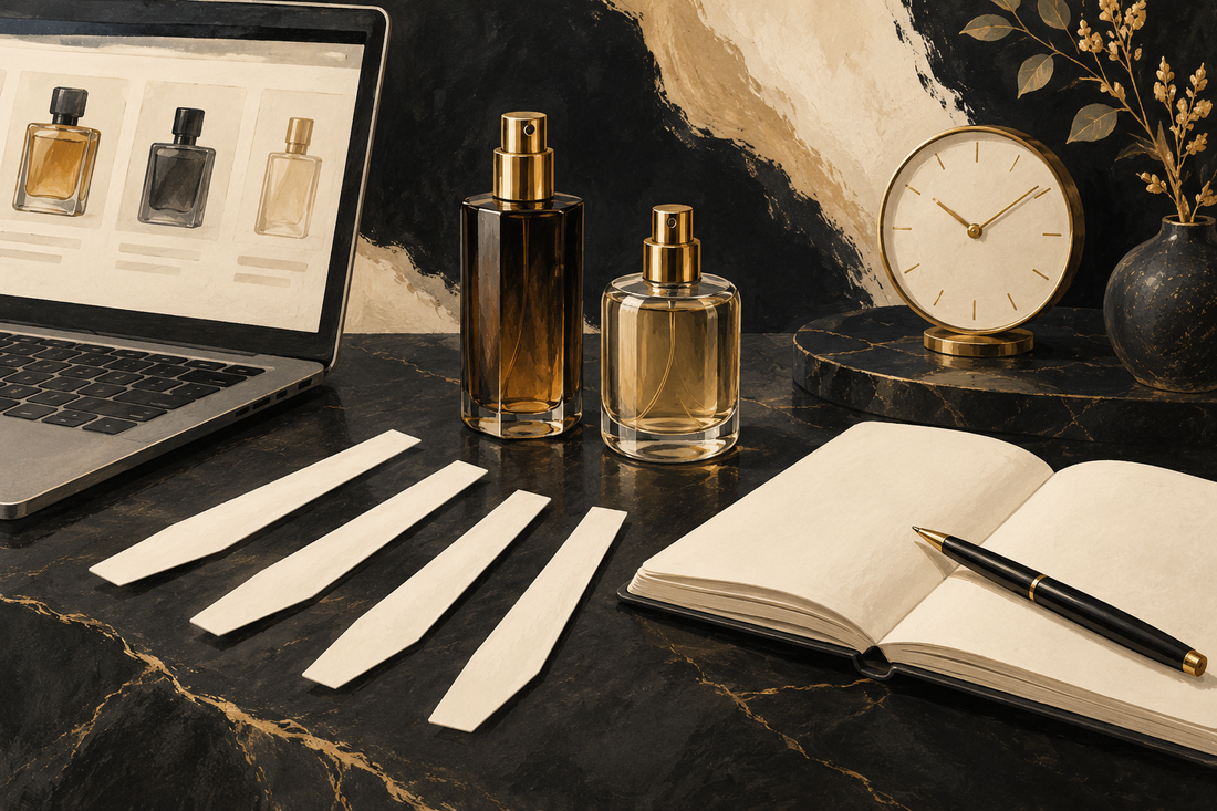 Editorial illustration of unbranded perfume atomisers, scent strips, a clock and a fragrance journal