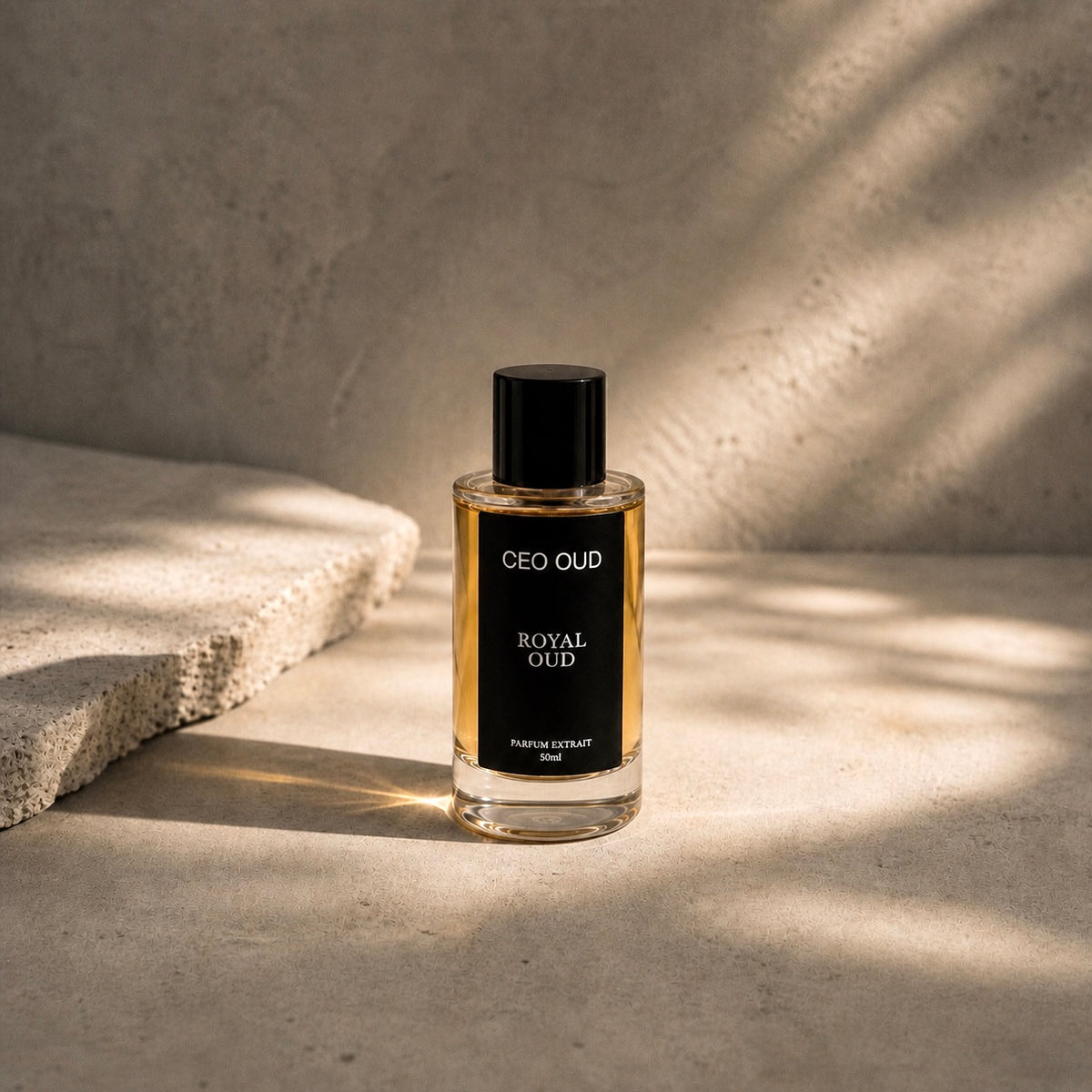 CEO OUD Royal Oud 50ml parfum extrait bottle in warm sunlight