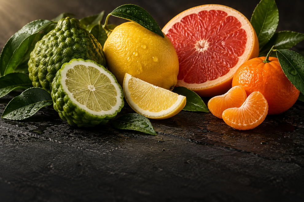 Fresh bergamot, lemon, grapefruit and mandarin fruits