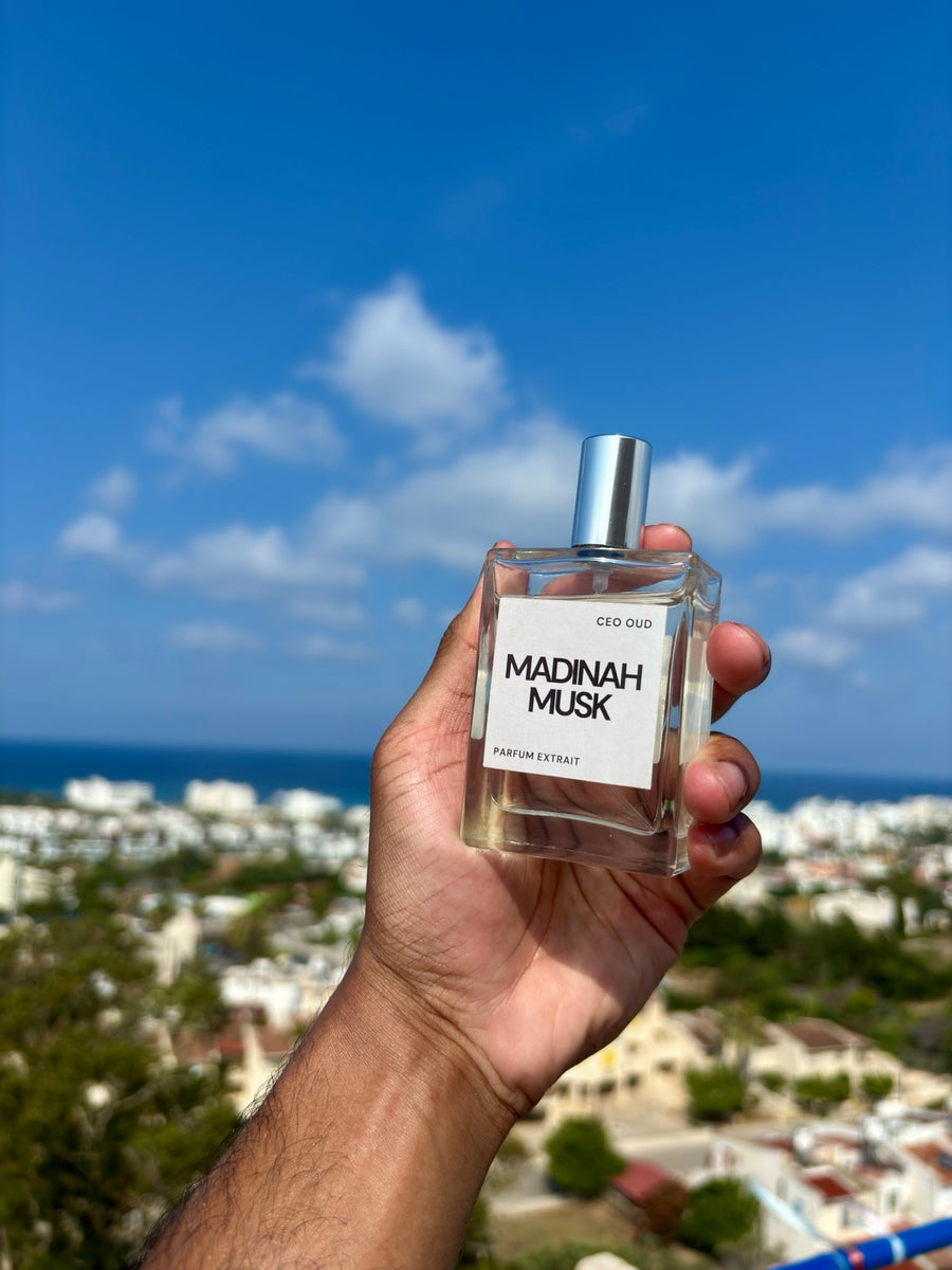 Madinah Musk held in natural sunlight above a coastal town and sea