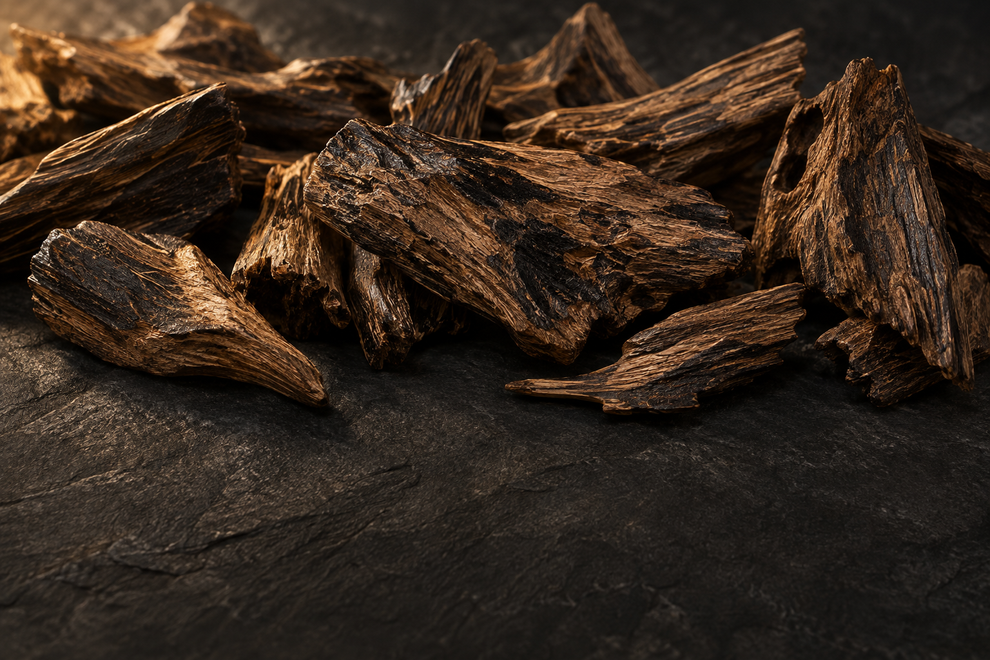 Natural oud wood chips on dark stone