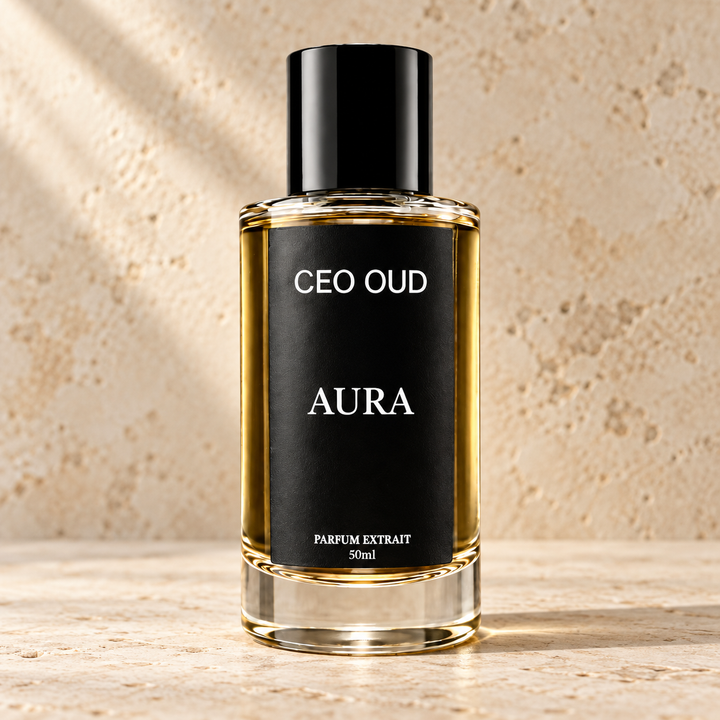 CEO OUD aura perfume on warm stone