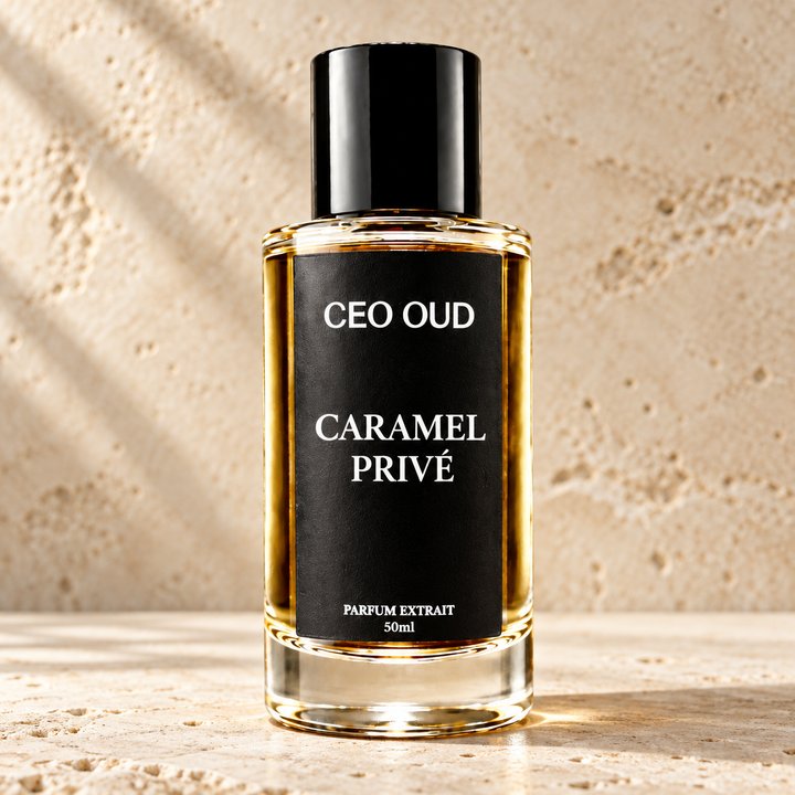 CEO OUD caramel prive perfume on warm stone