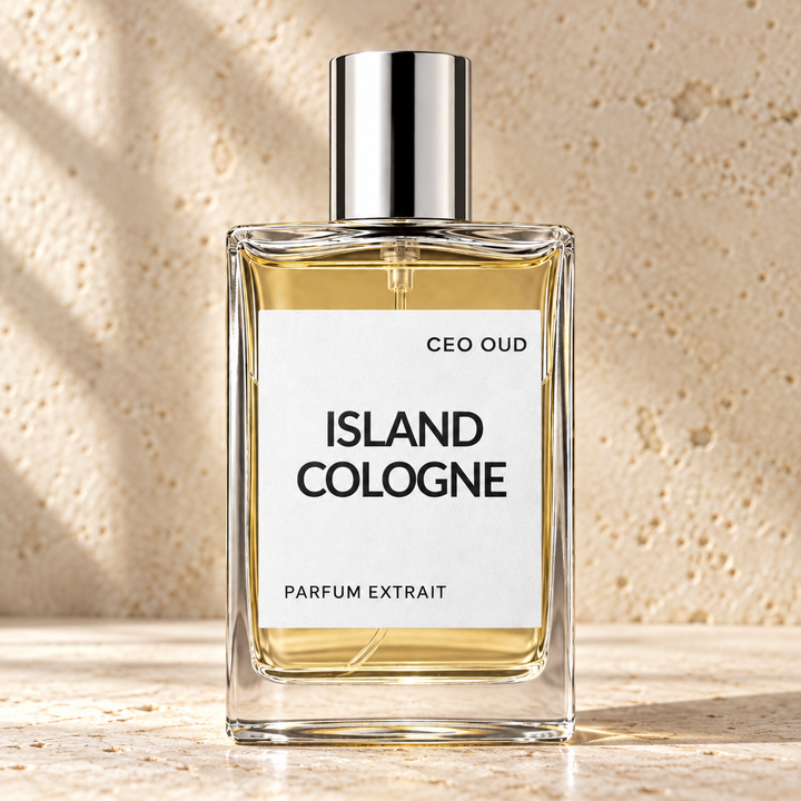 CEO OUD island cologne perfume on warm stone