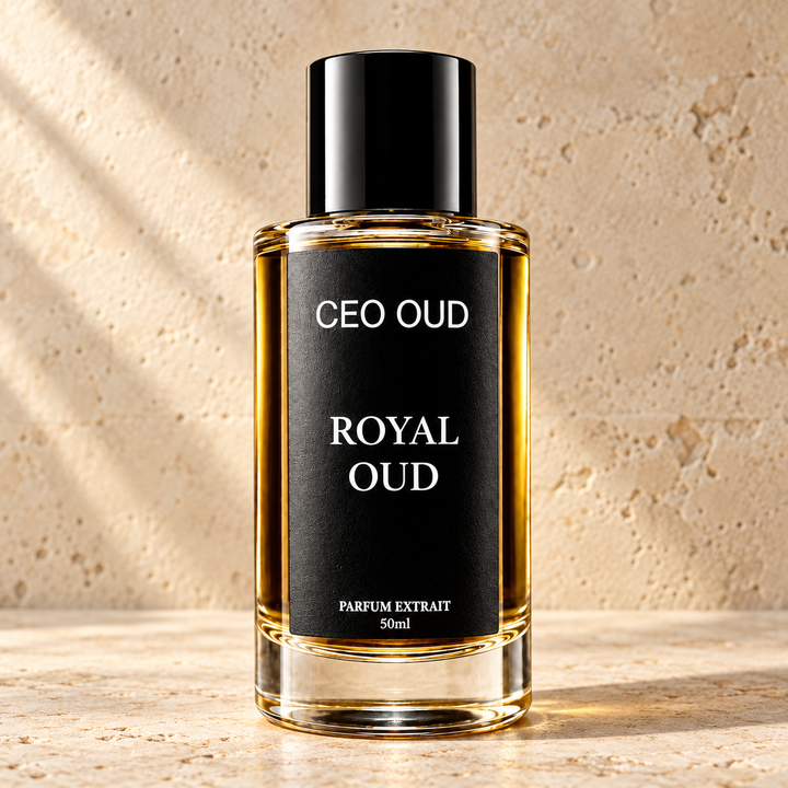 CEO OUD royal oud perfume on warm stone
