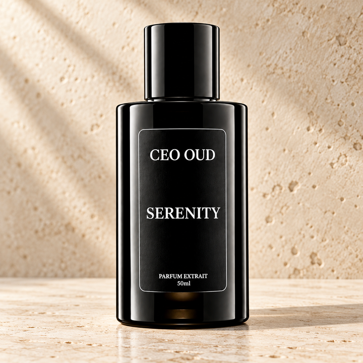 CEO OUD serenity perfume on warm stone
