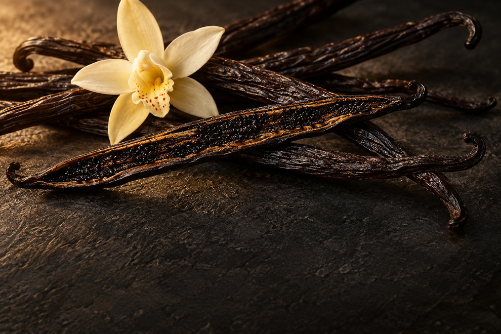 Vanilla pods and a cream blossom on dark stone